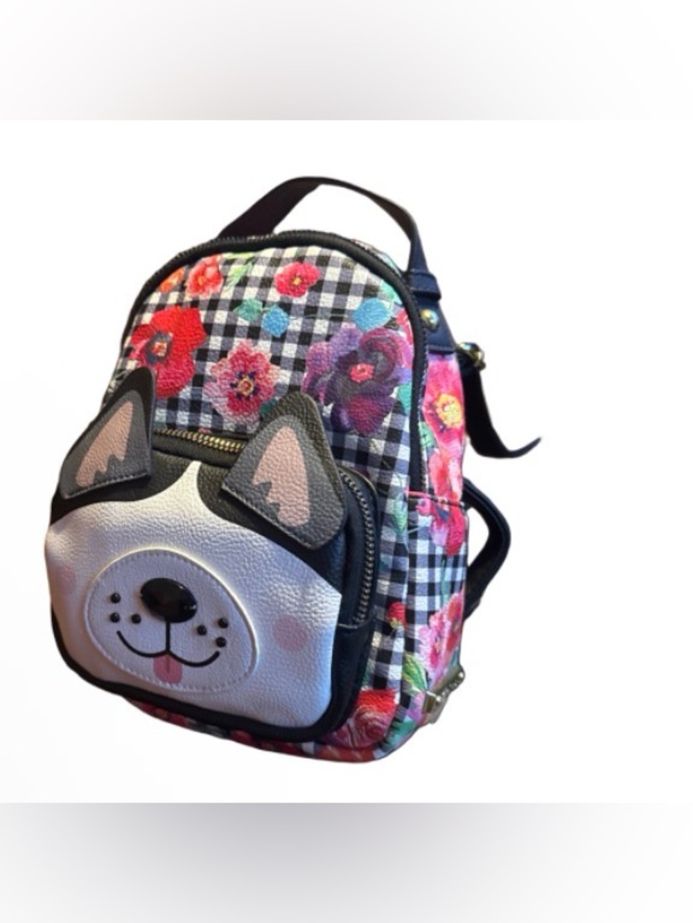 Betsey Johnson Floral Gingham Puppy Mini Backpack - Black White Pink Multicolor